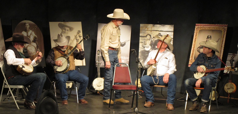 Allan Chapman, Dale Burson, Michael Stevens, Pipp Gillette, and Andy Hedges at the 2019 Texas Cowboy Poetry Gathering in Alpine. Photo by Kay Nowell.